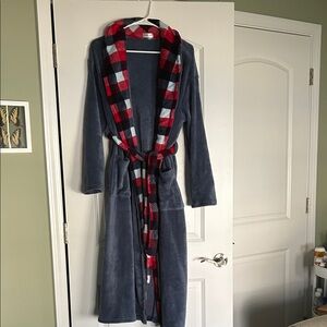 Gray/ Bluish Robe with Plaid Trim